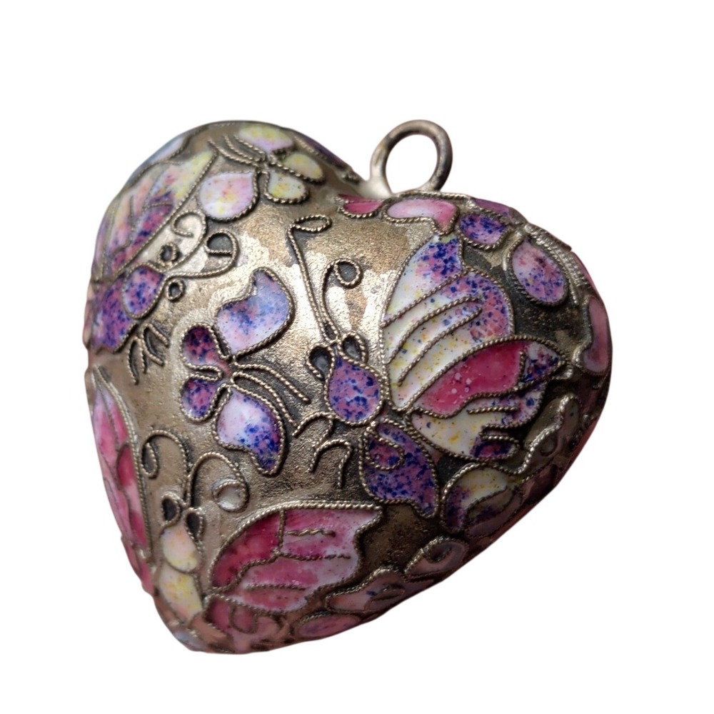 Vintage Cloisonne Enamel Heart Butterfly Pendant Pink Purple Floral Puffed 3D